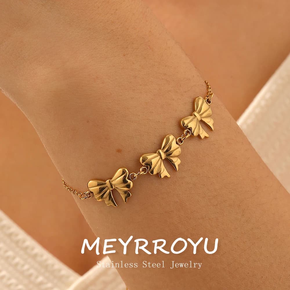 MEYRROYU Acciaio Inossidabile 316L 3 Carino Bowknot Serie Design Bracciale Donna Placcato Oro 18k Gioielli Impermeabili Mano Chian Regalo