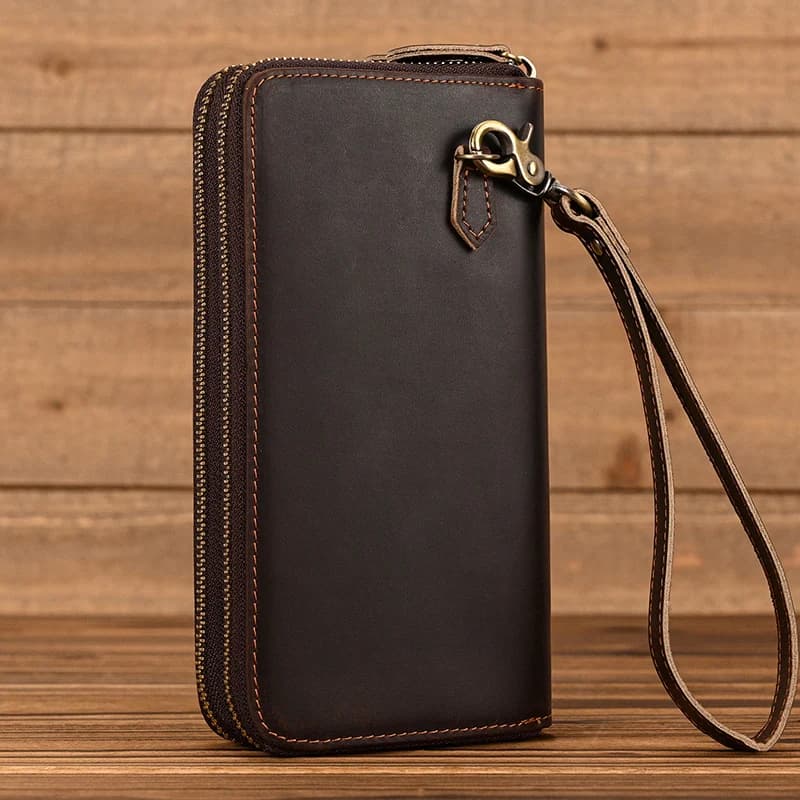 Brand Designer Retro Real Leather Wallet Male Business Casual With Double Zipper Cow Skin Crazy Horse Wallet With Wristlet