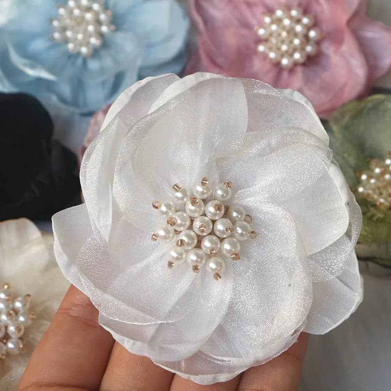 5 pz 7.5CM Organza Chiffon tessuto fiore perline centro fatto a mano fai da te fiore artificiale copricapo vestito tornante scarpe Decor