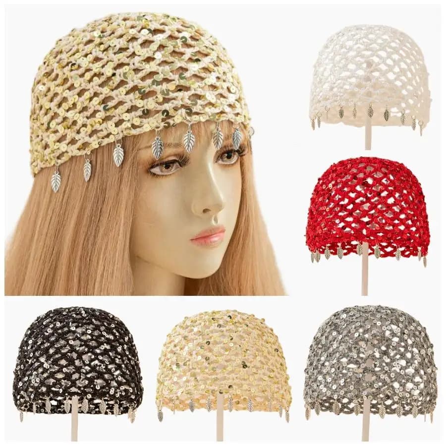 Korean-Style Solid Color Handmade Hollow-Out Crochet Ins-Style Sequin Fishnet Style Wool Hat Fashionable Hat for Spring Summer