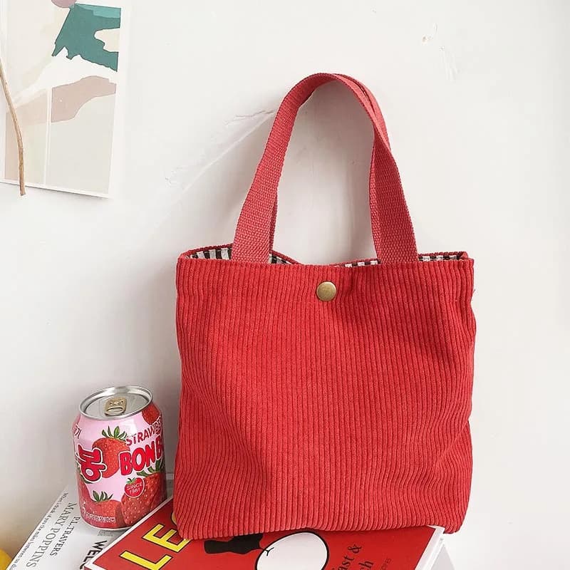 Borsa Tote in Velluto a Coste a Righe Tinta Unita Stile Preppy con Tasche, Borsa a Mano, Pochette Organizer per Trucchi, Pranzo, Shopping e Documenti da Donna