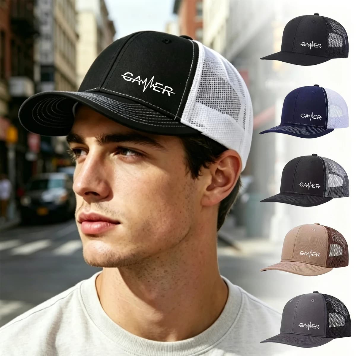 1PC Gamer Heartbeat Print Trucker Hat, Breathable Mesh Baseball Cap, Adjustable Snapback, Unisex Casual Gaming Cap