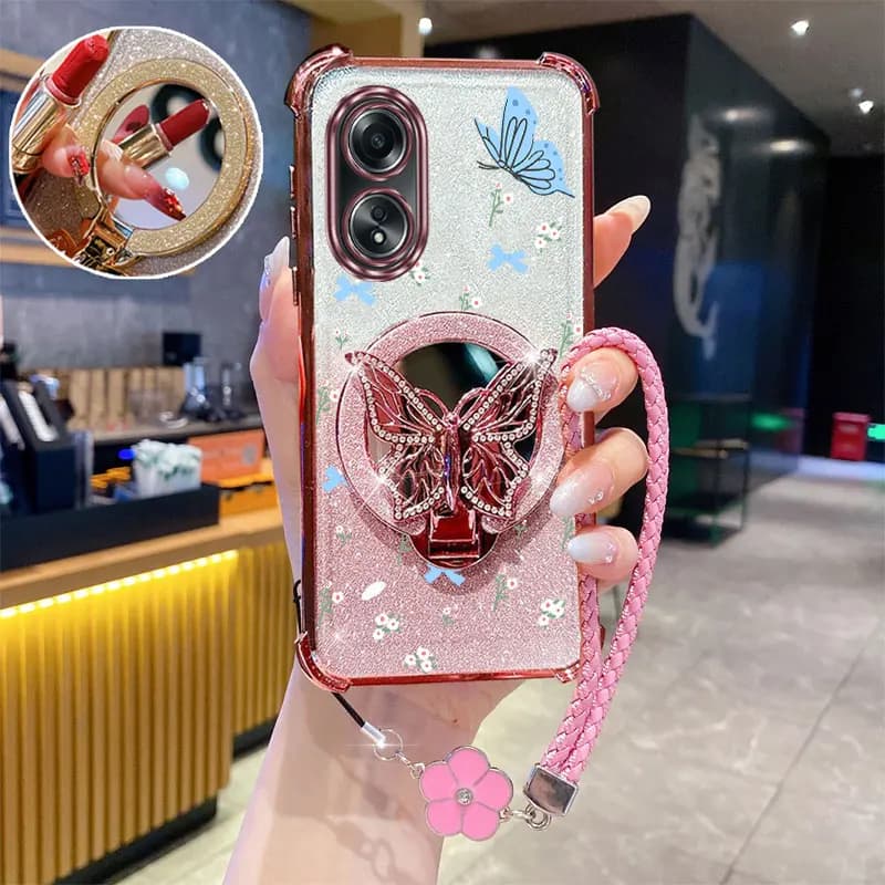 Clover Glitter Flying Butterfly Phone Holder Case For Oppo A38 A36 A76 A58 A57 A74 A78 A5 A7 A79 A95 A60 A18 A53 A17 A16 4G 5G