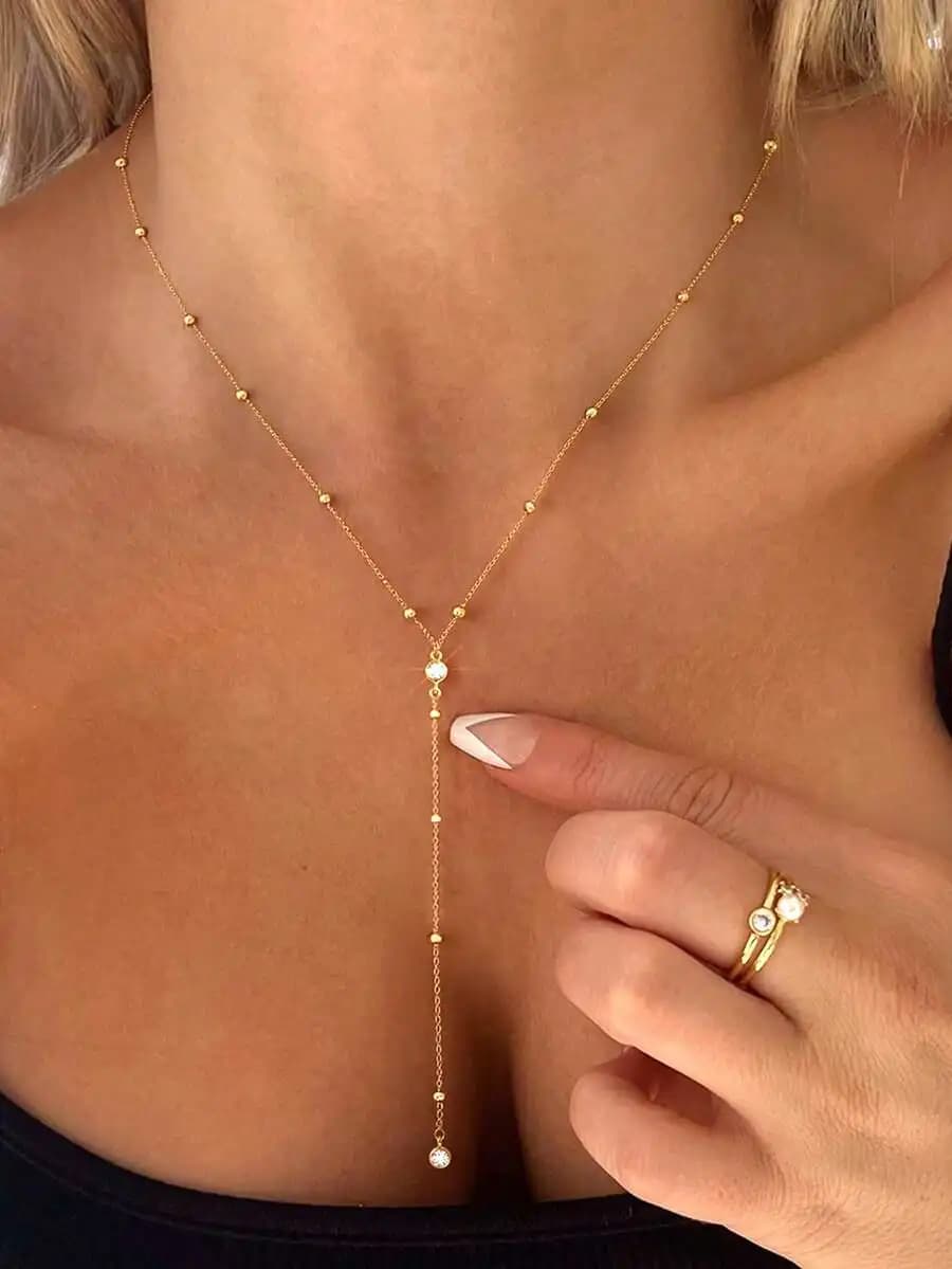 Collana alla moda con perline a forma di Y per donna, gioielli con pendente a catena lunga color oro