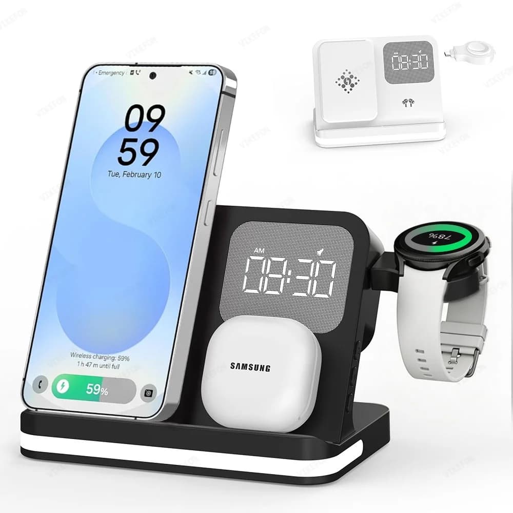 4 in 1 Wireless Charger Station With Clock LED Night for Samsung S26 S25 S24 Z Fold/Flip Samsung Galaxy 8/7/6/5/4/3 Buds4 Pro 3