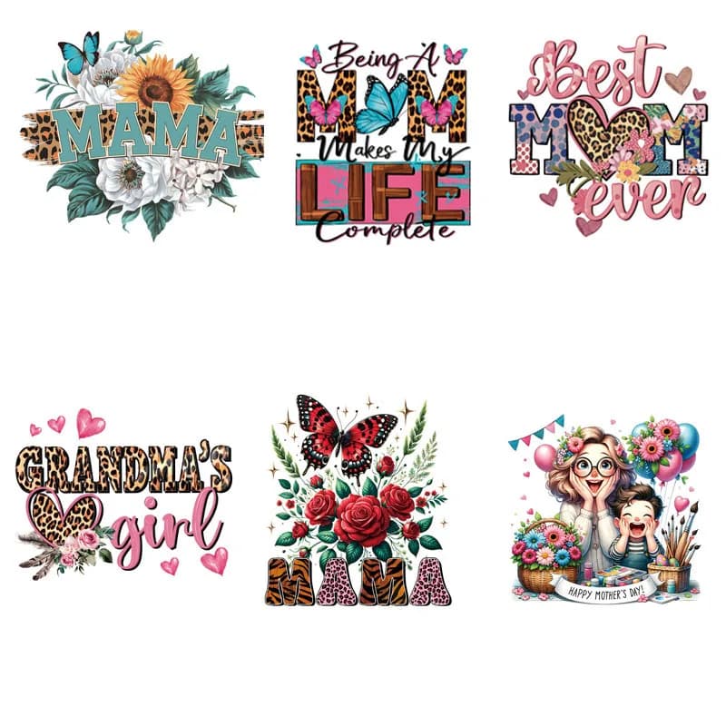 6 Pack Best Mom Heat Transfer Stickers - Vibrant Floral and Heart Designs, DIY Washable Iron-On Patches for T-Shirts, Perfect Mo