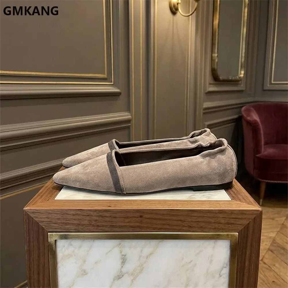 Spring Cow Suede Flat Shoes Woman Small Square Toe String Bead Black Brown Slip-on Walk Shoes Leisure Comfort Loafers Women