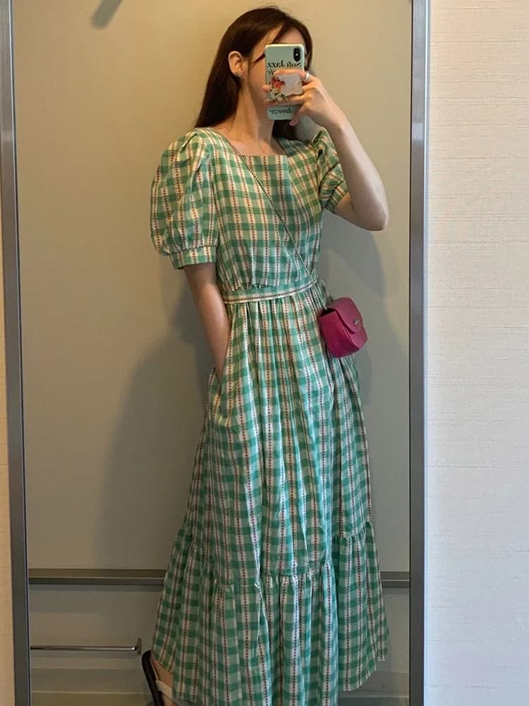 Women's Bubble Sleeve Dress Floral Print Loose Long Dress Belted Waist Korean Style Spring Autumn Winter Casual Fashion