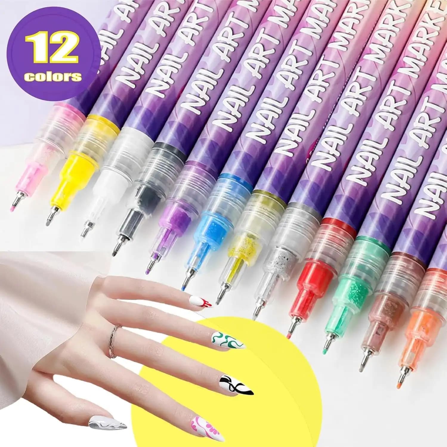 Set di penne per nail art da 12 colori, penne per smalto, disegno, pittura, punto di rivestimento, kit penna dipinta acrilica, impermeabile e ad asciugatura rapida