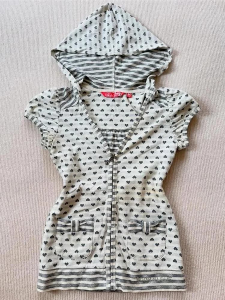 Japanese Sweet Love Wave Dot Printed Hoodie Women's T-shirt Y2K Retro Striped Bubble Sleeve Women's Trendy Top