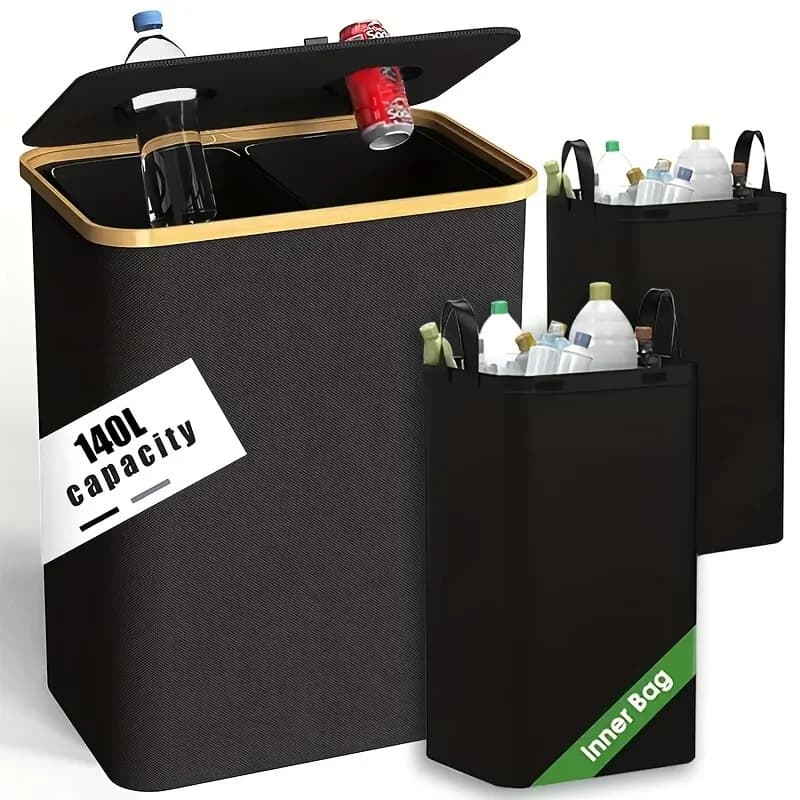 1set140L Kitchen Recycling Bin Large Capacity 37 Gallons Indoor Trash Can with 2 Reusable Bags Bottle Recycle Bucket Glass Paper