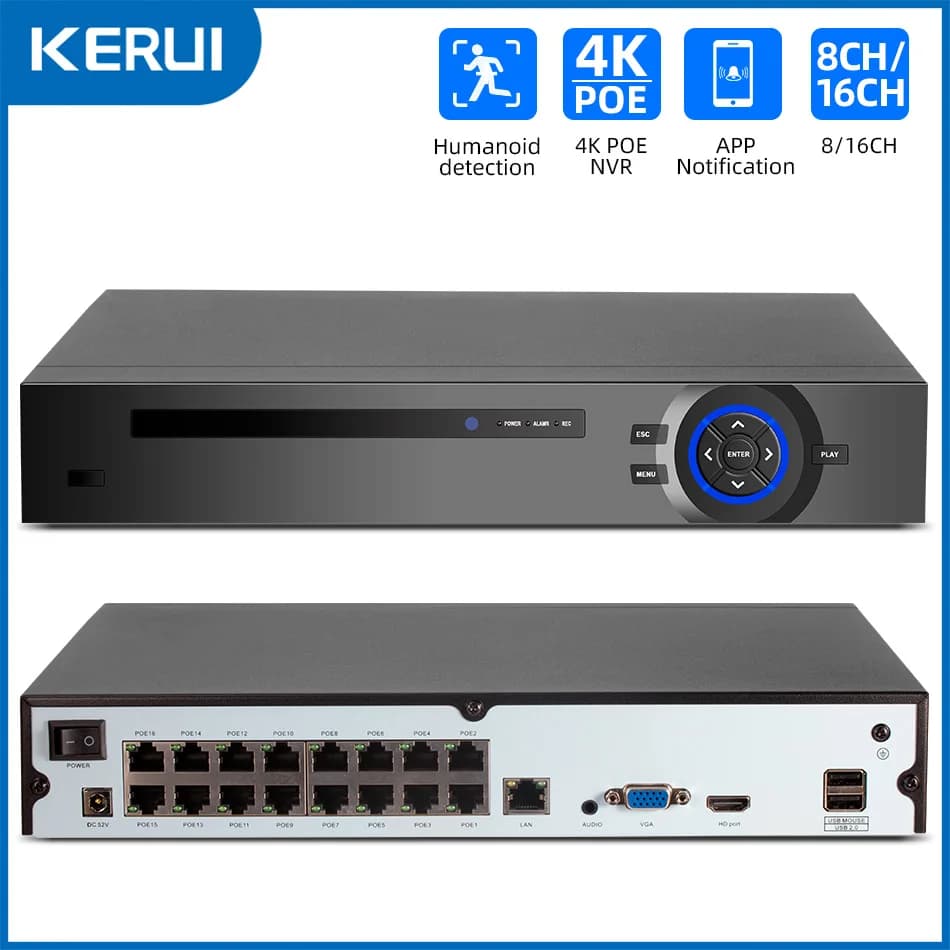 KERUI 4K 16CH POE NVR H.265 NVR ONVIF Video Recorder CCTV Security Surveillance 16 channels for 4MP 6MP 8MP POE Camera system