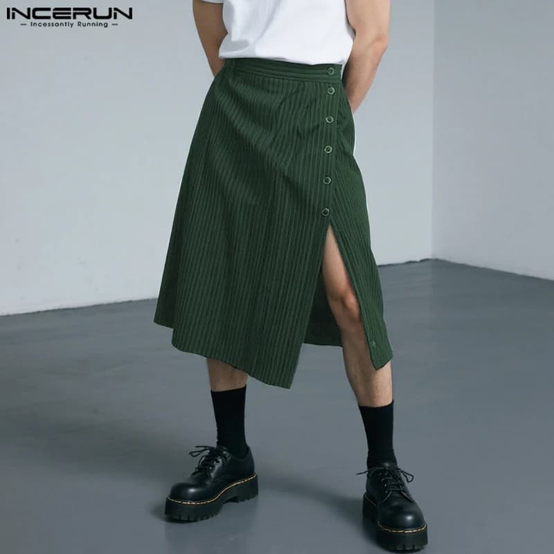 INCERUN Men Striped Skirts Pants Button Split Casual Men Bottoms Streetwear Loose 2025 Personality Fashion Male Skirts Trousers