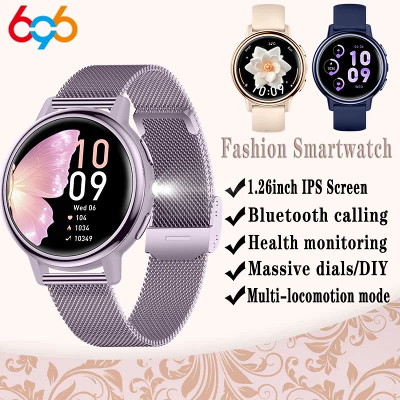 1.26" Full Touch Screen Smart Watches Lady Sports Fitness Flashlight Waterproof Blue Tooth Call Smartwatch Women Music Calendar