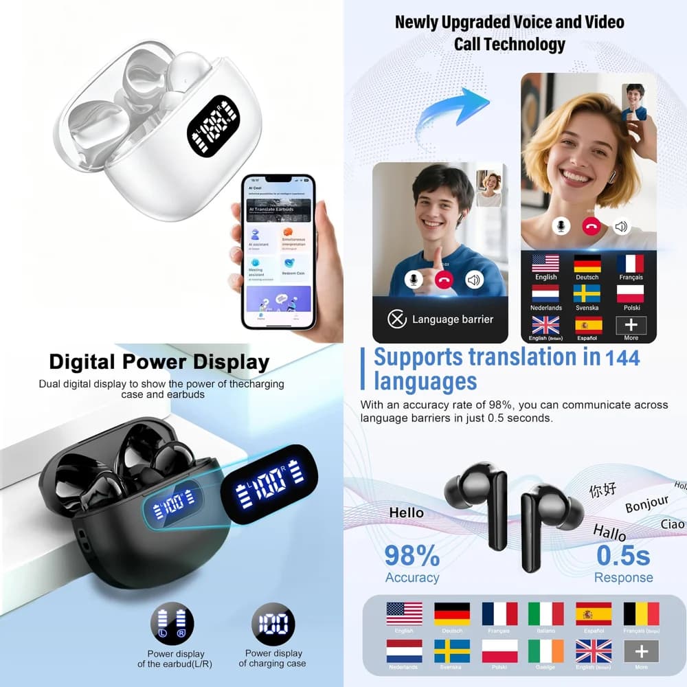 Nuove Cuffie Wireless BT 5.4 TWS di Tendenza con Chiamate Nitide e Traduzione Linguistica AI, Auricolari per Viaggi