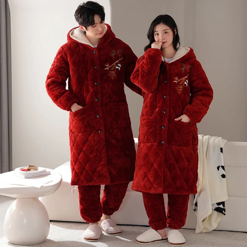3 Layers Thick Clip Cotton Cap Bathrobe + Men's and Women's Trousers, Winter Hot Kimono Swimwear