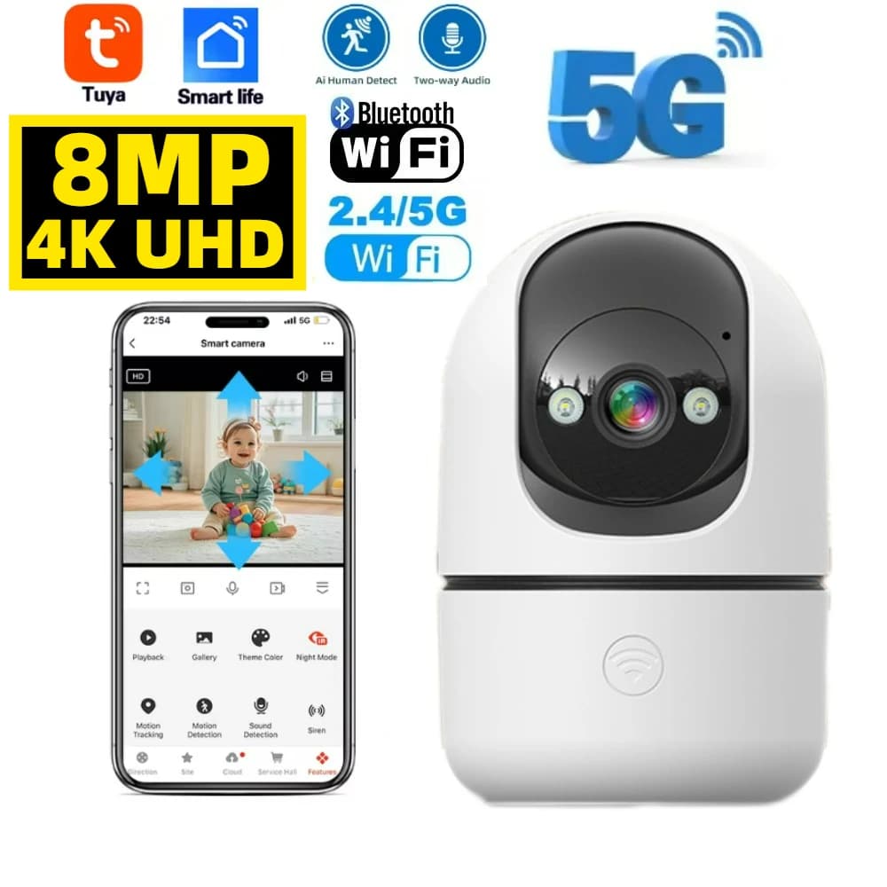 Telecamera 5G WIFI Tuya UHD 4K 8MP 5MP Baby Monitor Conversazione bidirezionale PTZ 360 ° Telecamere di sorveglianza Monitoraggio automatico IP Tuya Smart Life