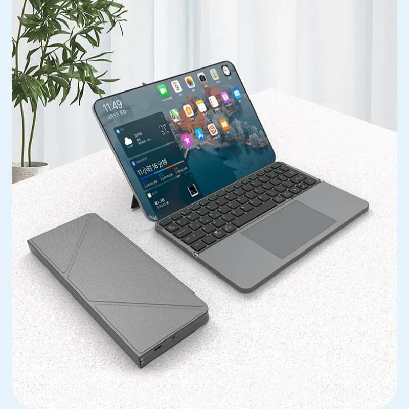 Tastiera pieghevole wireless Bluetooth con staffa di copertura in pelle touchpad 64 tasti adatta per cover iPad tablet
