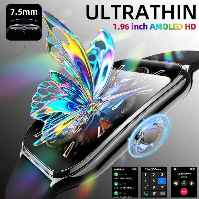 New Smartwatch Ultra Slim 2026 for Men, AMOLED HD Screen from 1,96 Inch, Continuous View, Cardiaca Frequency Monitoring, Waterproof, Bluetooth Calls