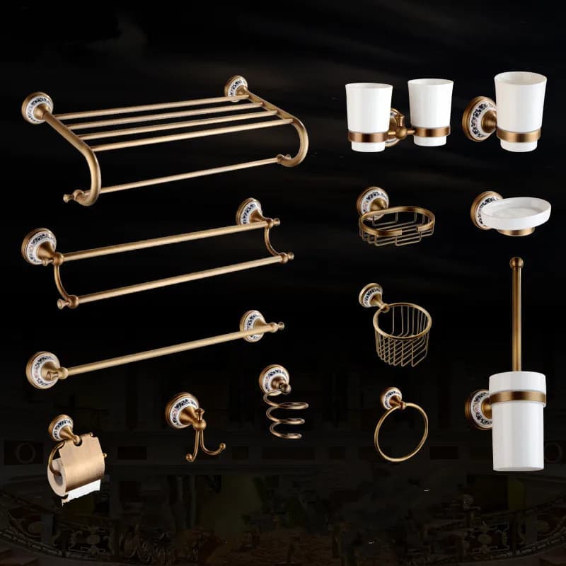 Antique Copper Towel Rack Set, European Style Blue and White Porcelain Bathroom Hardware, Vintage Wall Mounted Towel Bar