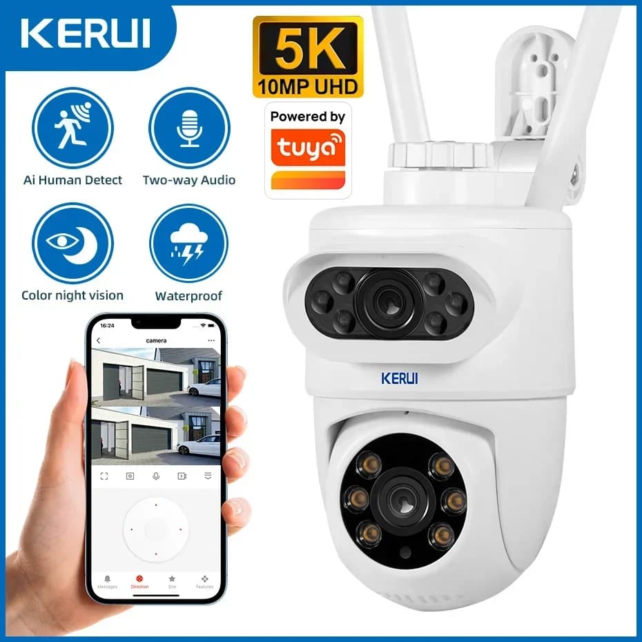 Telecamera IP WiFi KERUI da Esterno 10MP 5K HD a Doppia Lente PTZ Wireless per Sicurezza Domestica CCTV Compatibile con Tuya Smart
