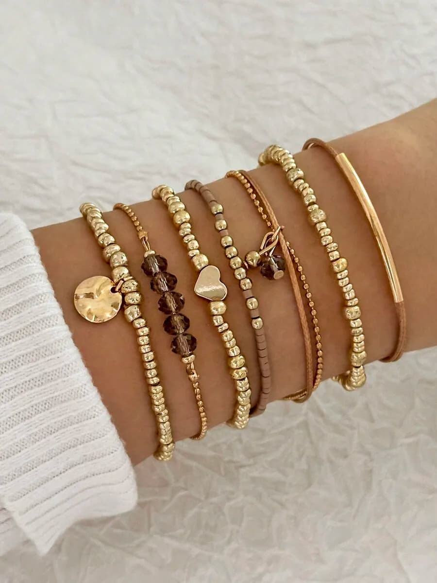 7pcs Fashion Heart Beaded Bracelet, CCB Crystal-Like Adjustable Rice Faux Pearl Woven Bracelet For Women Valentines
