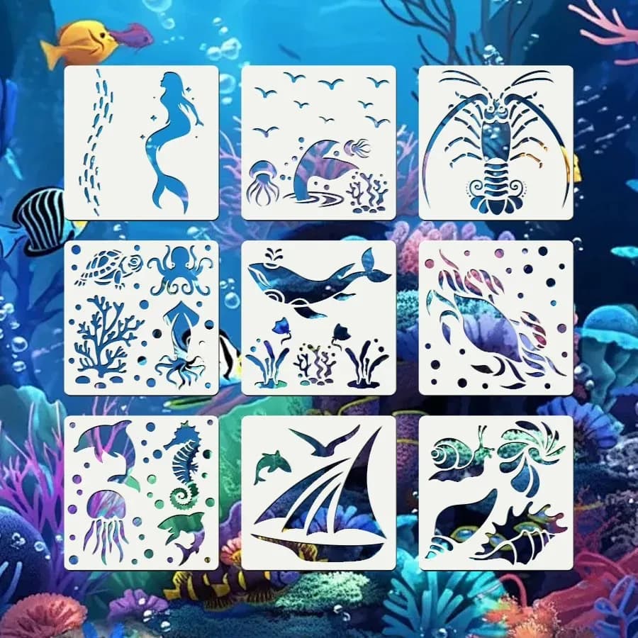 Ocean Animal Stencil Kit 9PCS Mermaid Seahorse Octopus Seashell Sailboat Reusable PET Drawing Stencils For Home Decor Scrapbook