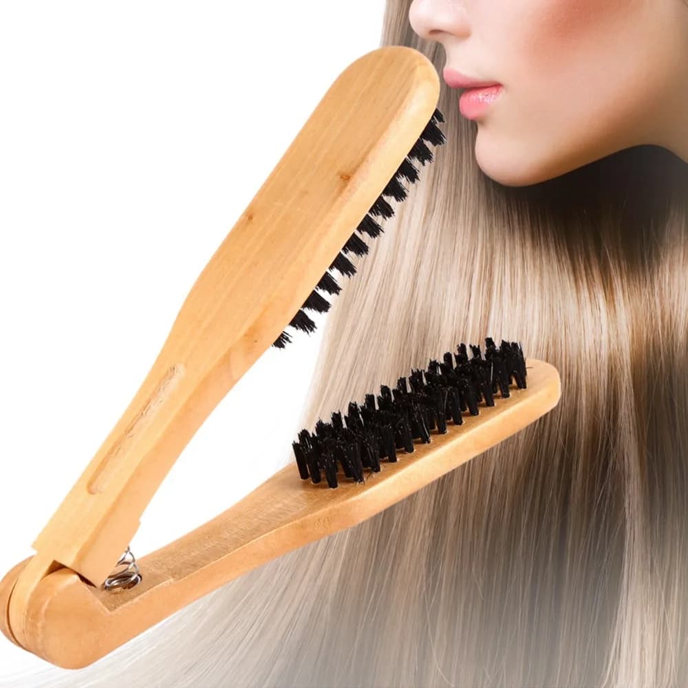 Wooden Hairdressing Comb Anti-Static V Type Wooden Hair Straightening Brush Portable Double Sided Clamp Hair Straightener