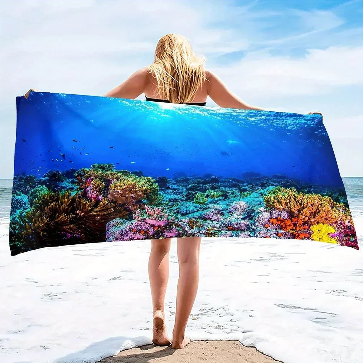 Telo mare con stampa subacquea a tema barriera corallina, protezione solare, antivento, adatto per piscina, campeggio, viaggi, coperta.