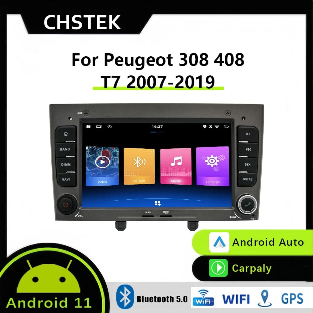 CHSTEK Car Radio Auto Stereo Wireless Carplay Android 11 for Peugeot 308 308 SW 408 T7 2007-2019 Navigation Player Bluetooth GPS