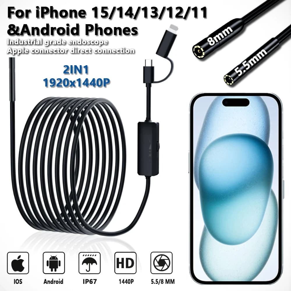 Endoscope from 5.5/8mm for Android Iphone and IOS Smartphone Car Tube Automotive Boroscope Sewer Inspection Tools Camera Device for Endoscopy