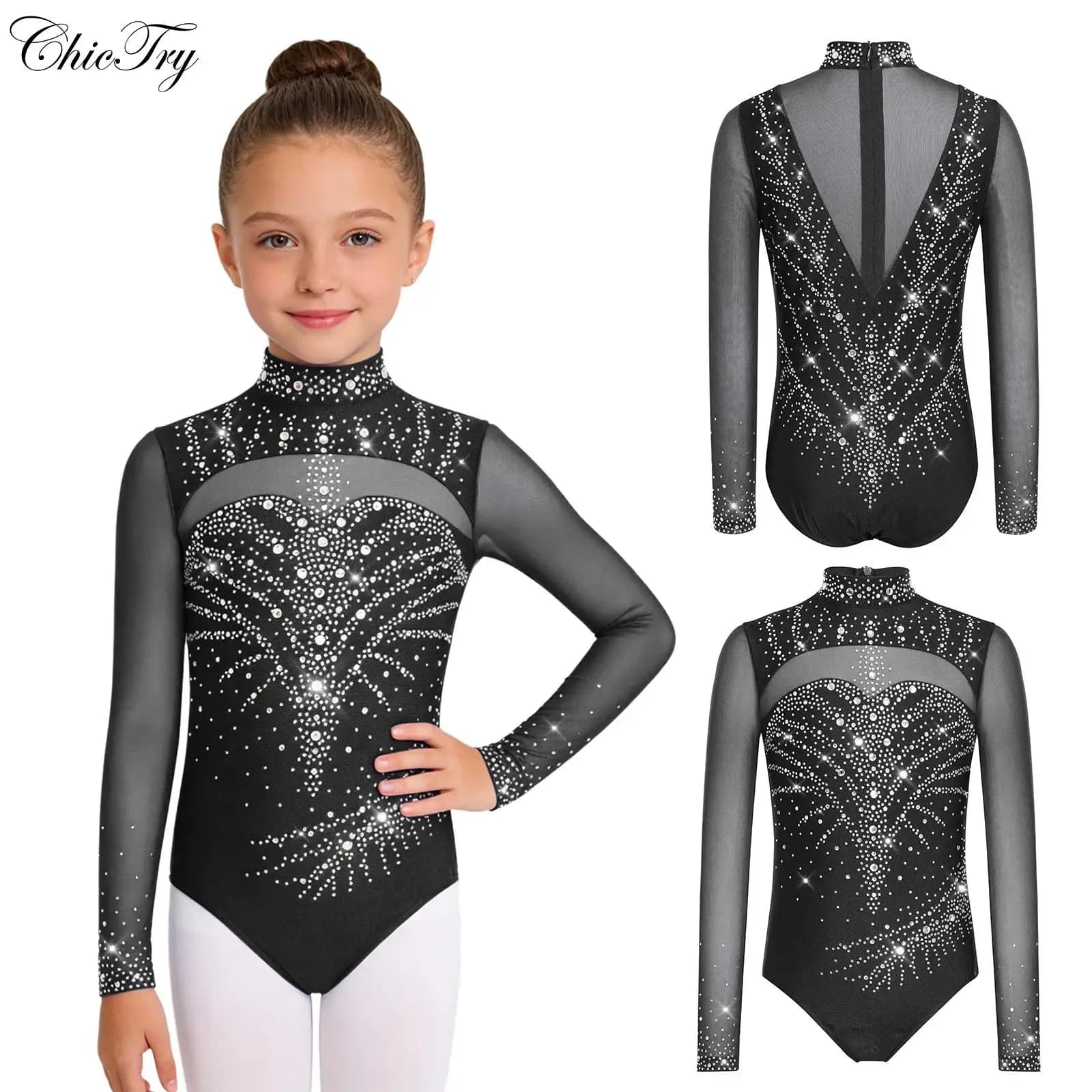 Body da Danza per Bambine, Ginnastica e Balletto, con Collo Alto e Maniche Lunghe, Decorato con Strass, per Pattinaggio Artistico e Spettacoli di Danza