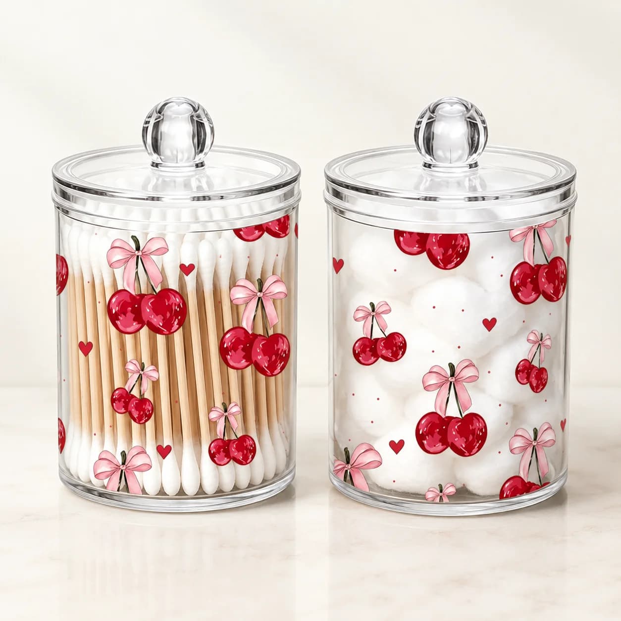Cherry Print Clear Acrylic Cotton Swab Holder with Lid, Dustproof Q-tip Cotton Pad Organizer for Women Bathroom Vanity
