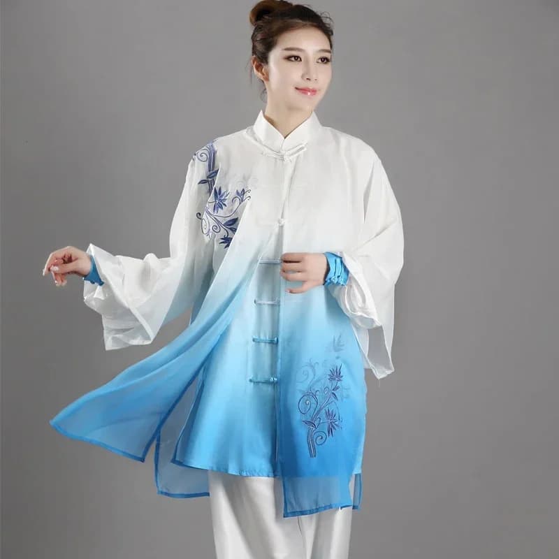 Gradient Color Tai Chi Uniform Traditional Chinese Clothes Embroidered Martial Arts Suit Kung Fu Morning Exercise Sportswear