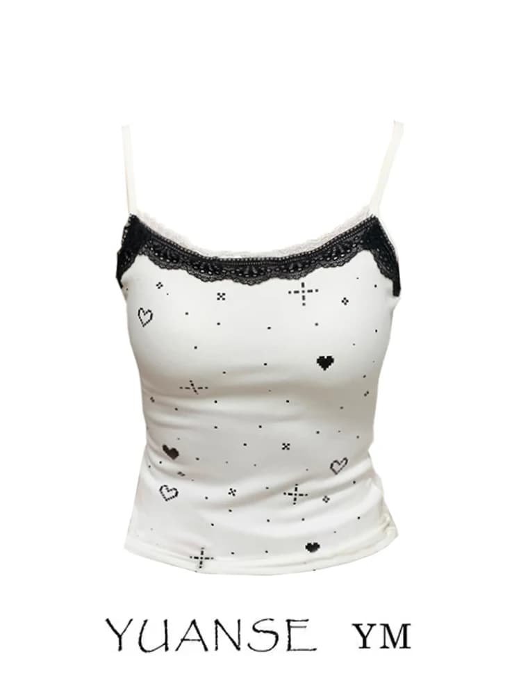 Sweet Lace Trim Splice Heart Print Slim Fit Small Strap Top Sleeveless Versatile New 2024 Women's Fashion Vest Strap Blouse
