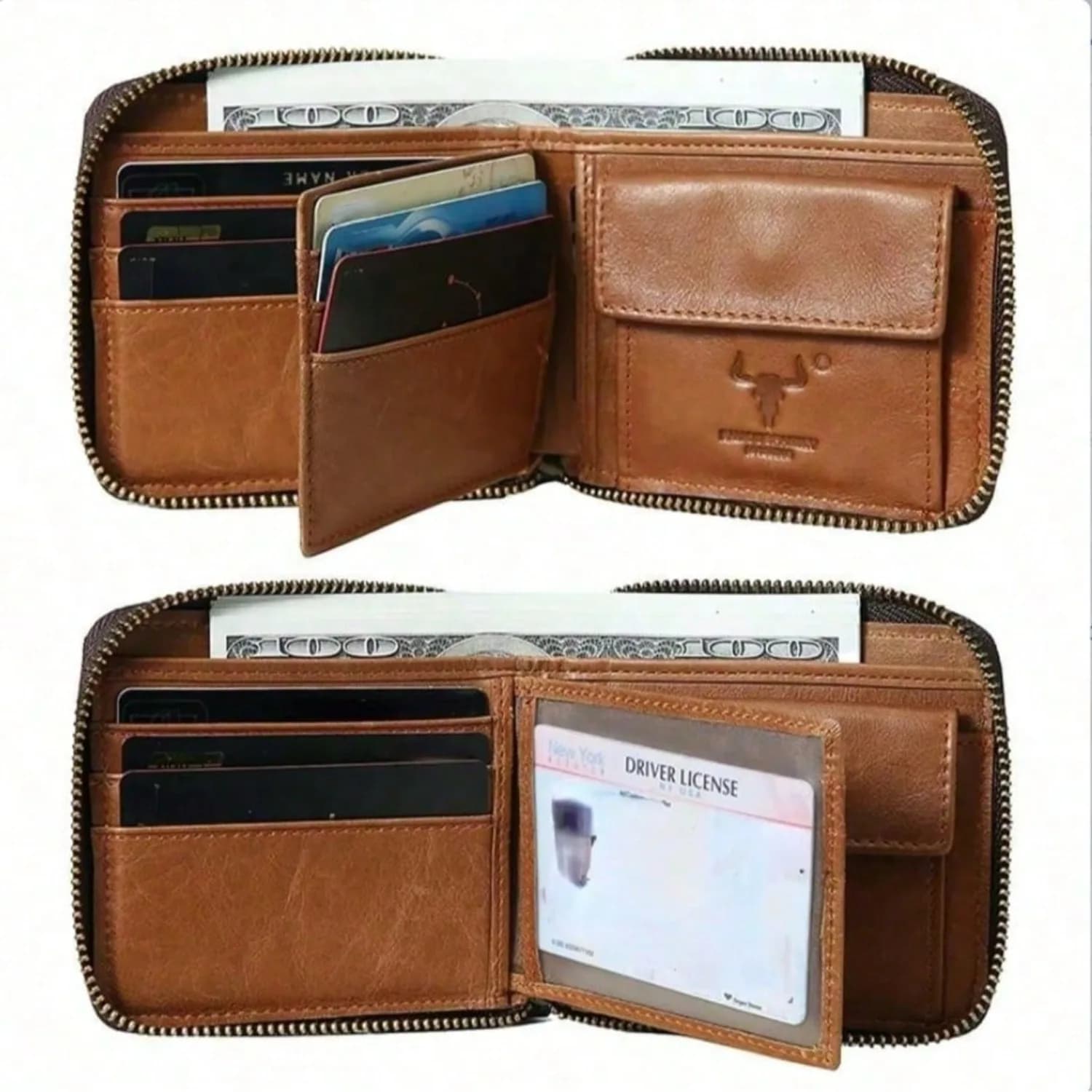Portafoglio con cerniera in vera pelle con blocco RFID per uomo, portafoglio sottile bifold con tasca portamonete con cerniera, scomparti per carte di credito - Regalo ideale