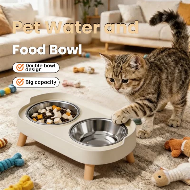 New Double Layer Pet Feeder Non Slip Cat Bowl Stainless Steel High Legged Cat Food Dish With Stand Suitable For Cats And Dogs