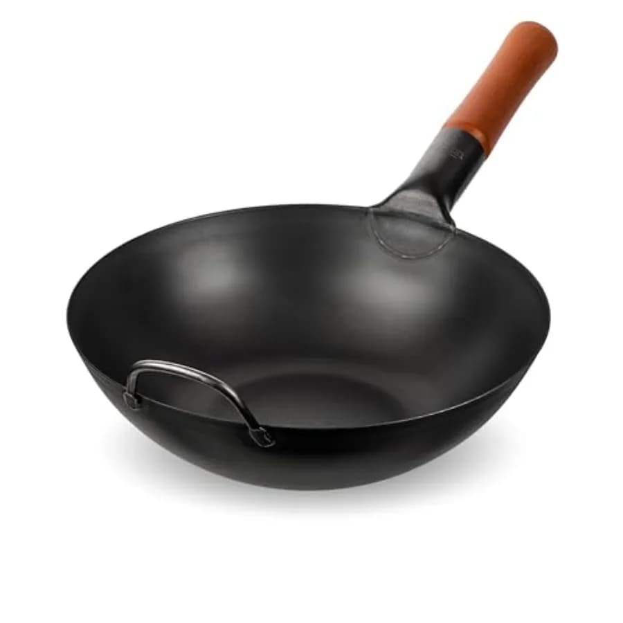 11.8 Inch Carbon Steel Wok, Pretreated, Flat Bottom, for Stir-Fry, Barbecue and Camping, Traditional Japanese and Chinese Style