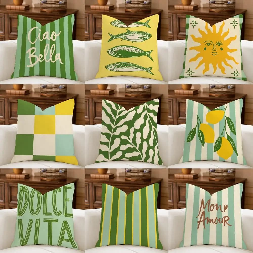 Coastal Italian Summer Cushion Cover Natural Breathable Durable Linen Printed Decor Pillow Case Sofa Bedroom