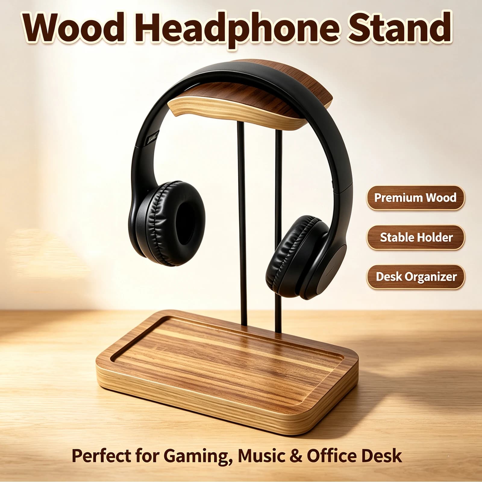 Universal Wooden Headphones Stand Solid Wood+Metal Gaming Music Headset Bracket Desktop Display Shelf Curved Headphone Holder