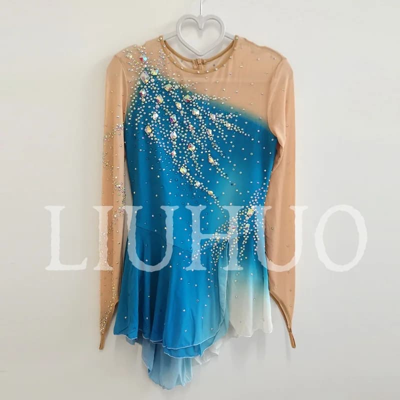 Abito da Pattinaggio Artistico LIUHUO per Ragazze Donne Adolescenti Elasticizzato in Spandex Blu Sfumato per Competizione Vendita all'Ingrosso BD9072