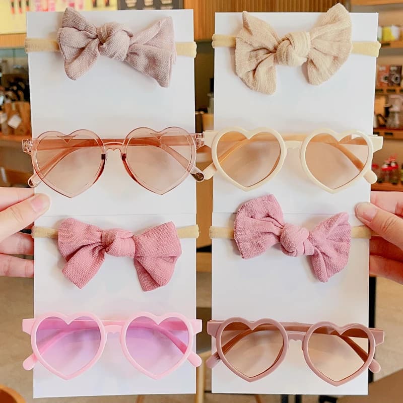 2 pz/set nuove ragazze adorabili in cotone tinta unita Bowknot fascia per capelli a forma di cuore occhiali da sole acrilici per esterni Set accessori per capelli per bambini