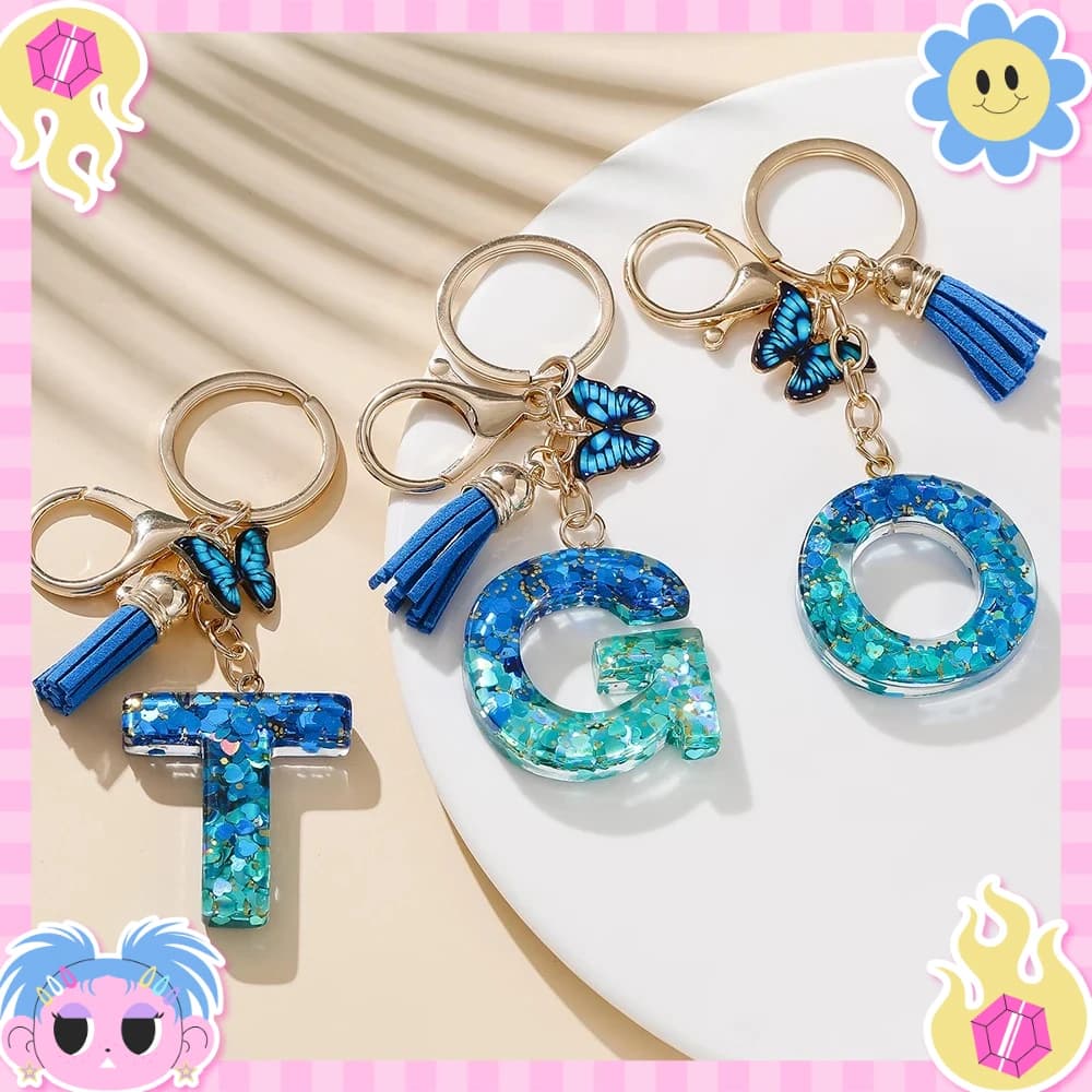 1 pz Portachiavi in lega con iniziale alfabetica, blu reale, con farfalla e nappa, accessorio per zaino, ciondolo, anello portachiavi
