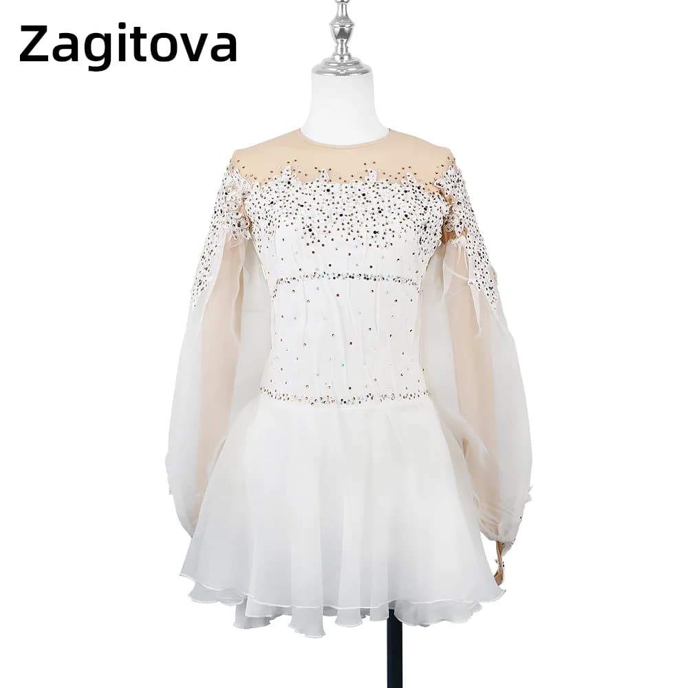 ZAGITOVA Abito da pattinaggio di figura Donna Ragazza Manica lunga Gonna da pattinaggio di figura su ghiaccio Manica a sbuffo Abito da principessa Strass