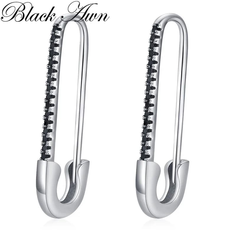 Orecchini a Cerchio Neri Awn 2025 Nuovi per Donna, Classici Color Argento, Trendy con Spinello, Gioielli di Moda per Fidanzamento I253