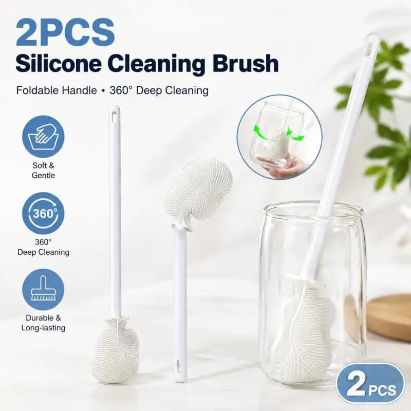 2PCS Foldable Bottle Cleaning Brush Set, Rotating Long Handle Brush for Cups, Mugs & Narrow Openings