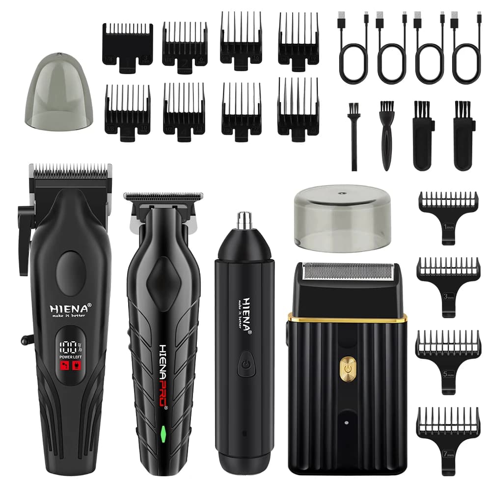 Kit di Cura Maschile HIENA 4-in-1: Tagliacapelli, Regolabarba, Rasoio e Tagliacapelli per Naso, Ricaricabile USB con Display LCD