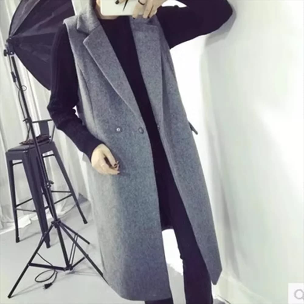 New lapel sleeveless vest woolcoat long women's tweed jacket casaco de frio feminino inverno