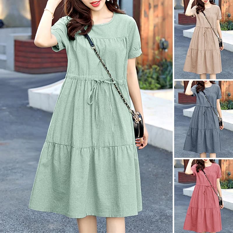 ZANZEA Elegante abito estivo a righe da donna, casual, con scollo a O, manica corta, con coulisse in vita, linea ad A, abito midi da vacanza