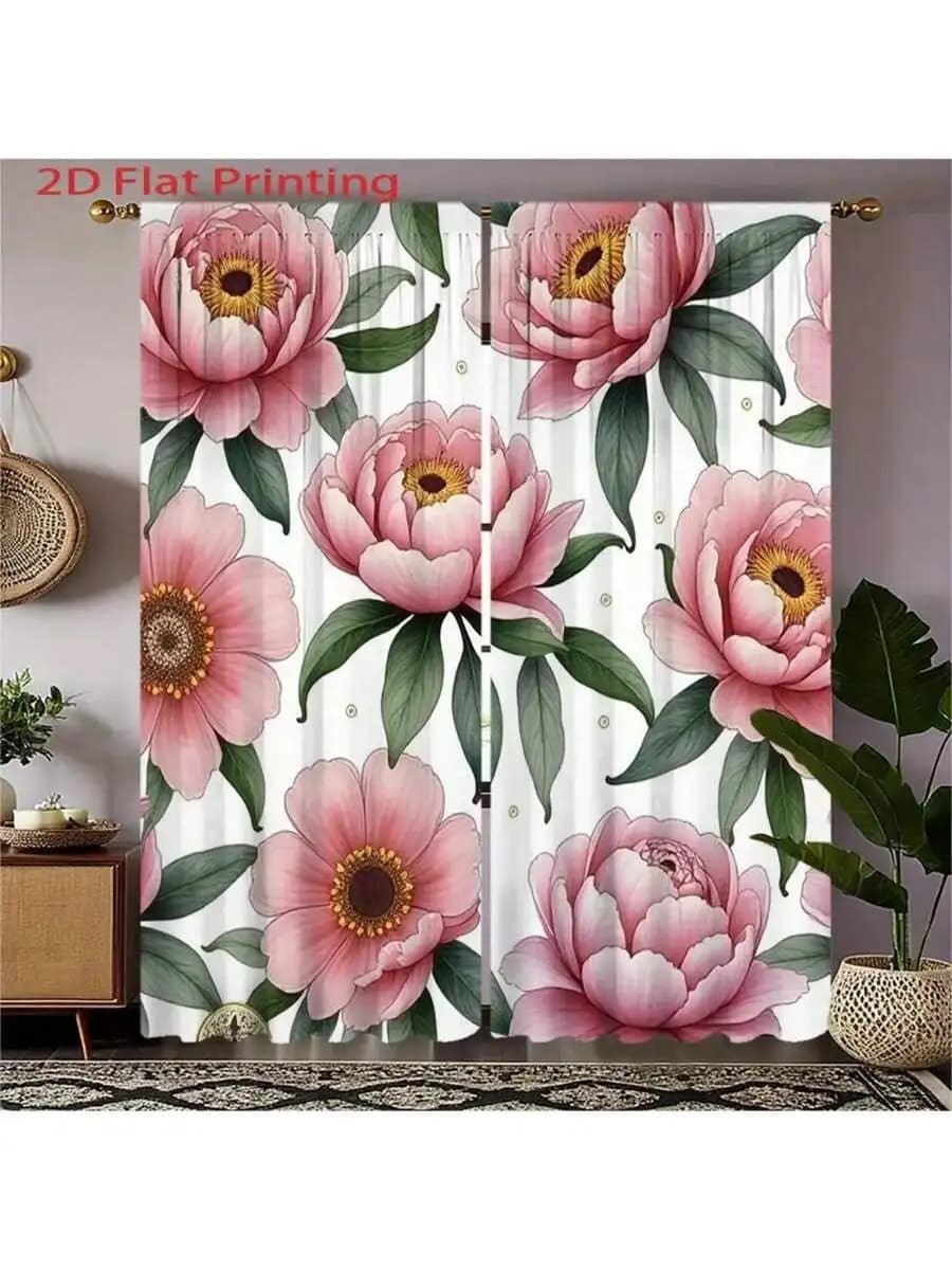 2D Flat Print Floral Curtains 2 Pack Rod Pocket Design For Living Room Bedroom